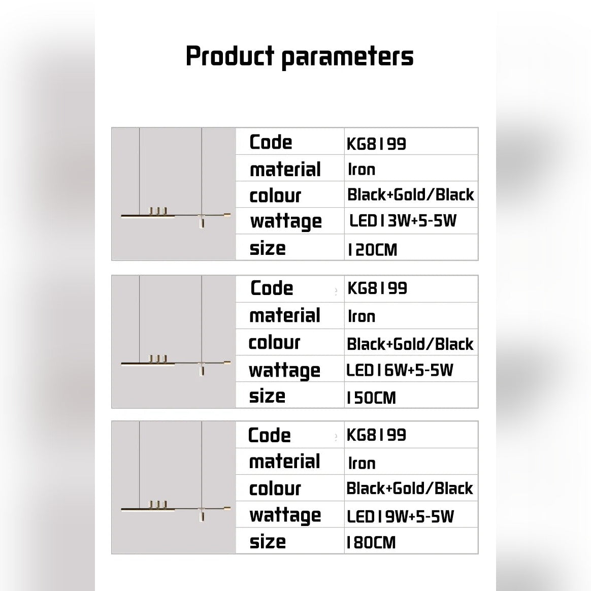 Orvantis chandelier specifications table by size