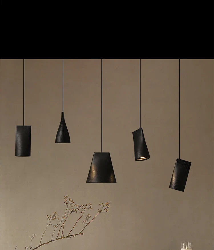 Solid Wood Sculptural Multi-Pendant Chandelier – Larven – 6-Head Linear, Black, Lifestyle