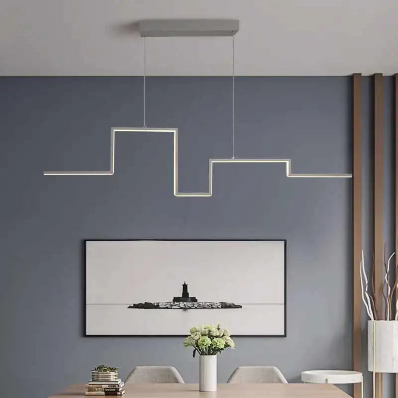 Geometric Aluminum Linear Pendant Lumero – Grey Finish, Dining Room Lifestyle