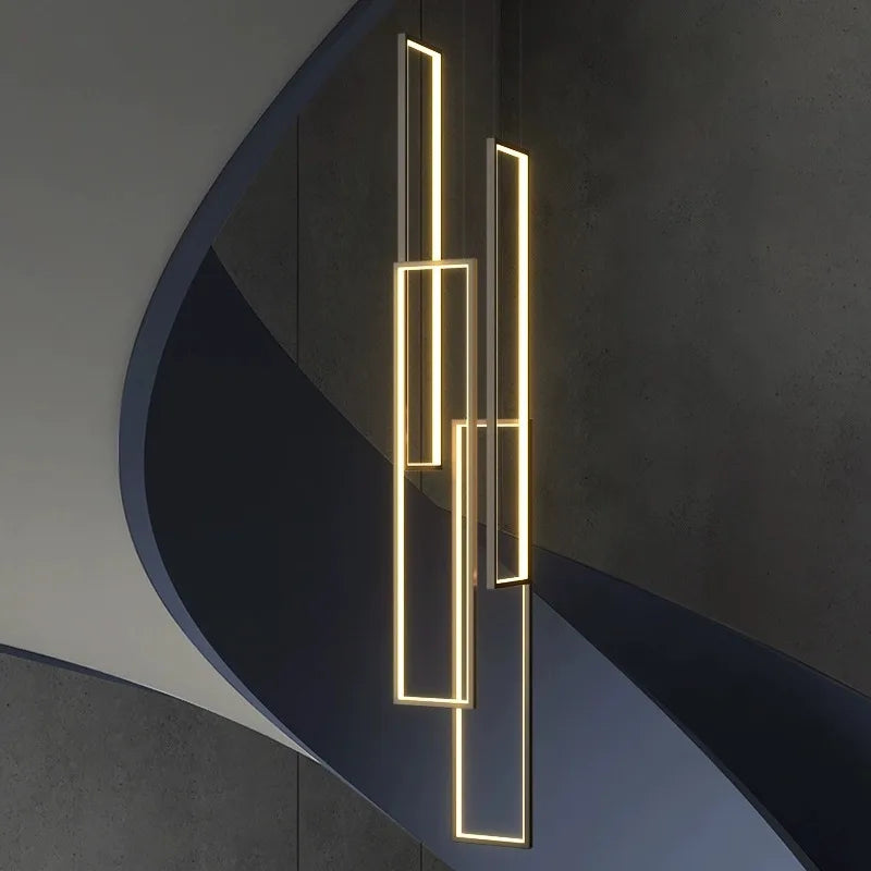 Nordic Rectangular Frame LED Chandelier Daldon – Gold Finish Staircase Installation
