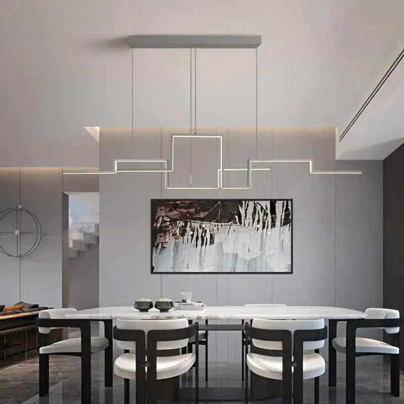Geometric Aluminum Linear Pendant Lumero – Grey Finish, Dining Room Lifestyle