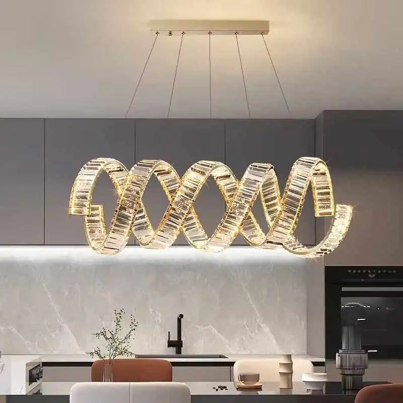 Gold Spiral Crystal Chandelier – Cerix in a kitchen island setting