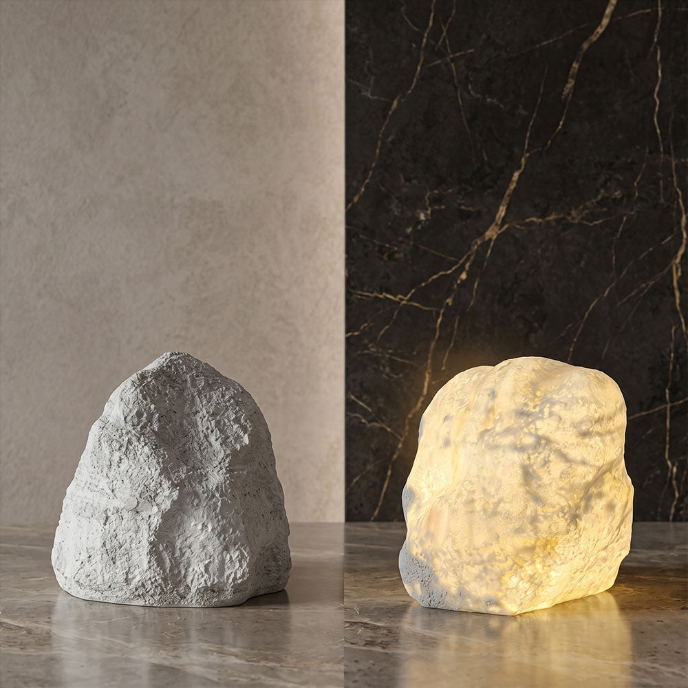 Lumeroc stone-effect lamp shown unlit and lit, showcasing the interior glow