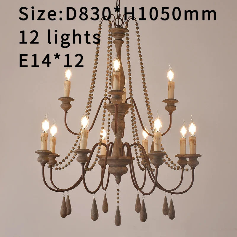 French Country Wood Bead Chandelier Iaron – 12 Lights Weathered Grey, Ø83×H105cm