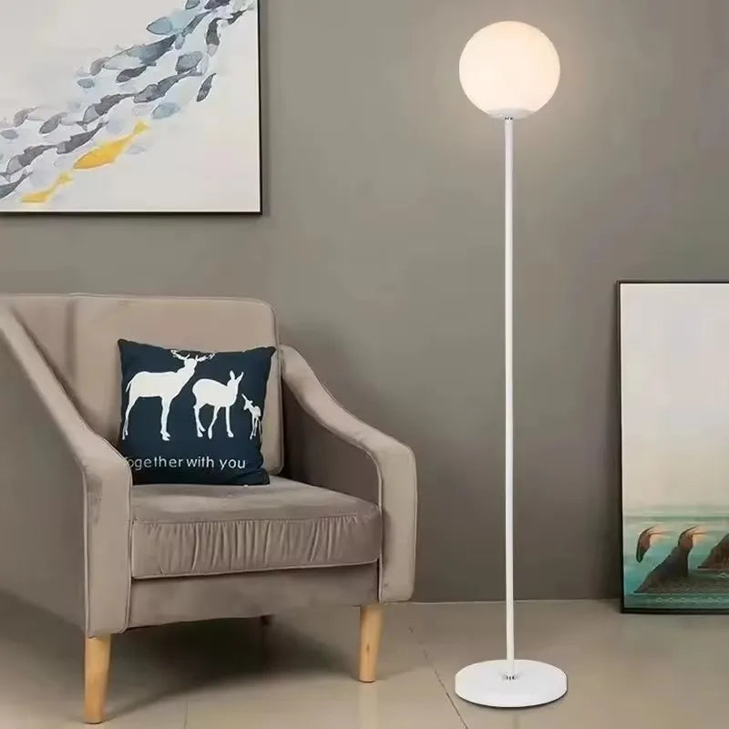 Celnox floor lamp with opal glass globe and steel rod - Black finish