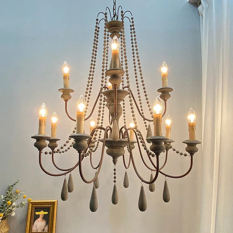 French Country Wood Bead Chandelier Iaron – Lifestyle, 12 Lights Weathered Grey