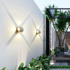 Multi-Beam Aluminum Sphere Wall Sconce Triberon – White 4-Beam, garden wall lifestyle