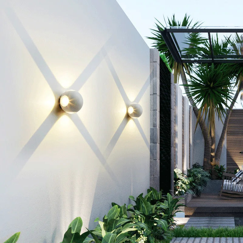 Multi-Beam Aluminum Sphere Wall Sconce Triberon – White 4-Beam, garden wall lifestyle