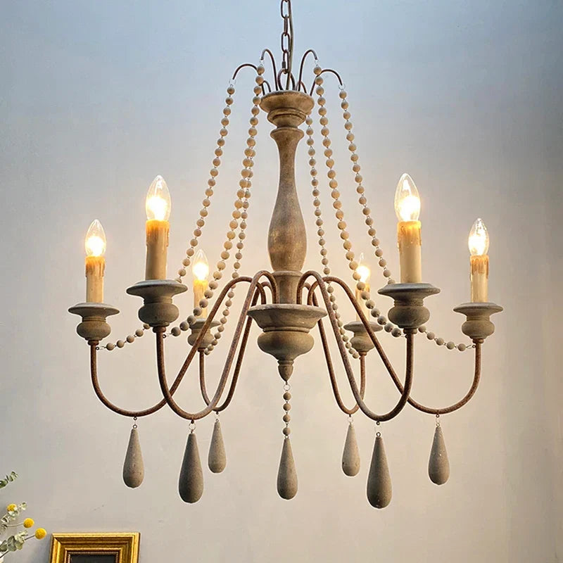 French Country Wood Bead Chandelier Iaron – Detail, 6 Lights Weathered Grey