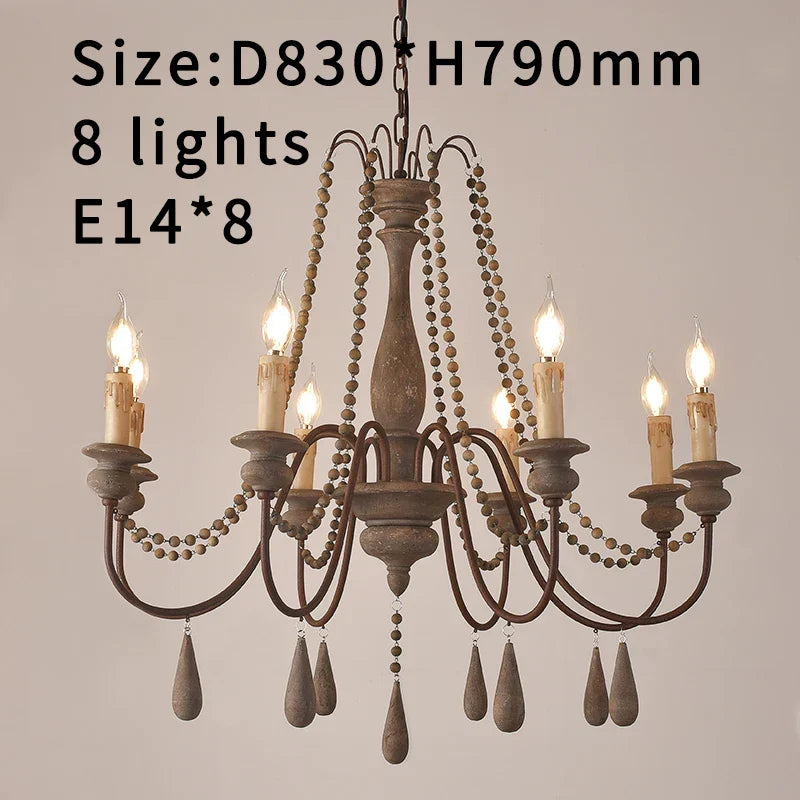 French Country Wood Bead Chandelier Iaron – 8 Lights Weathered Grey, Ø83×H79cm
