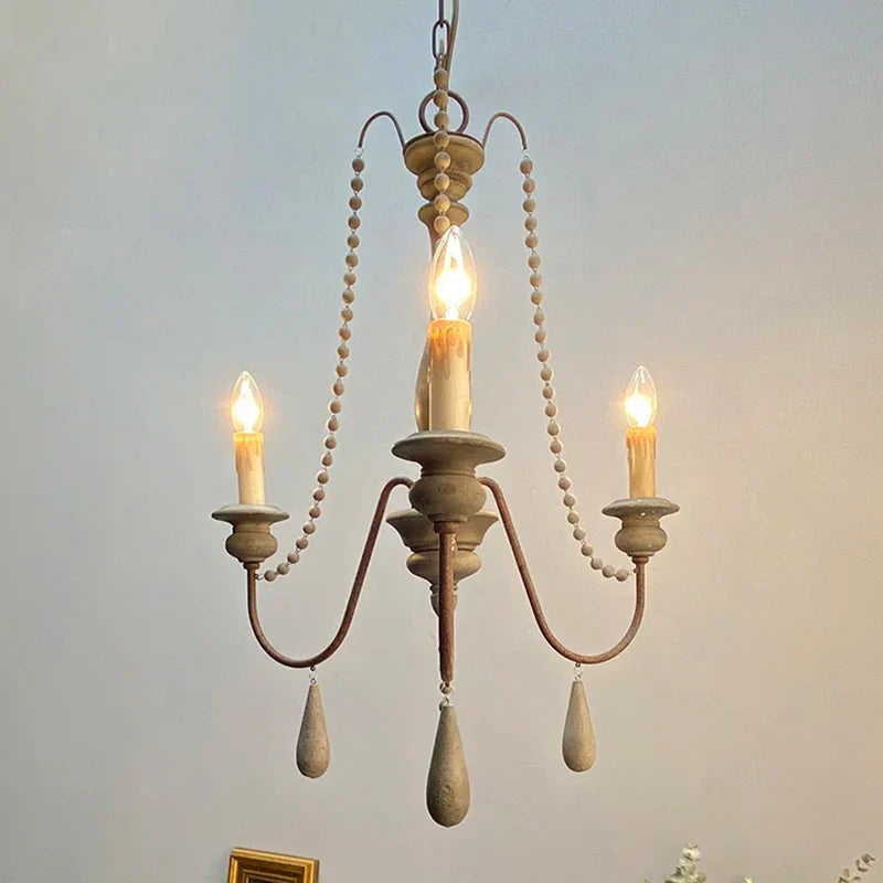 French Country Wood Bead Chandelier Iaron – Lifestyle, 3 Lights Weathered Grey