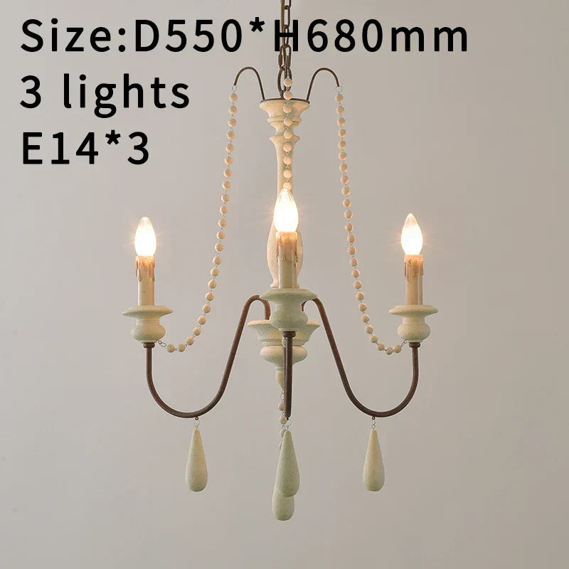 French Country Wood Bead Chandelier Iaron – 3 Lights Antique White, Ø55×H68cm