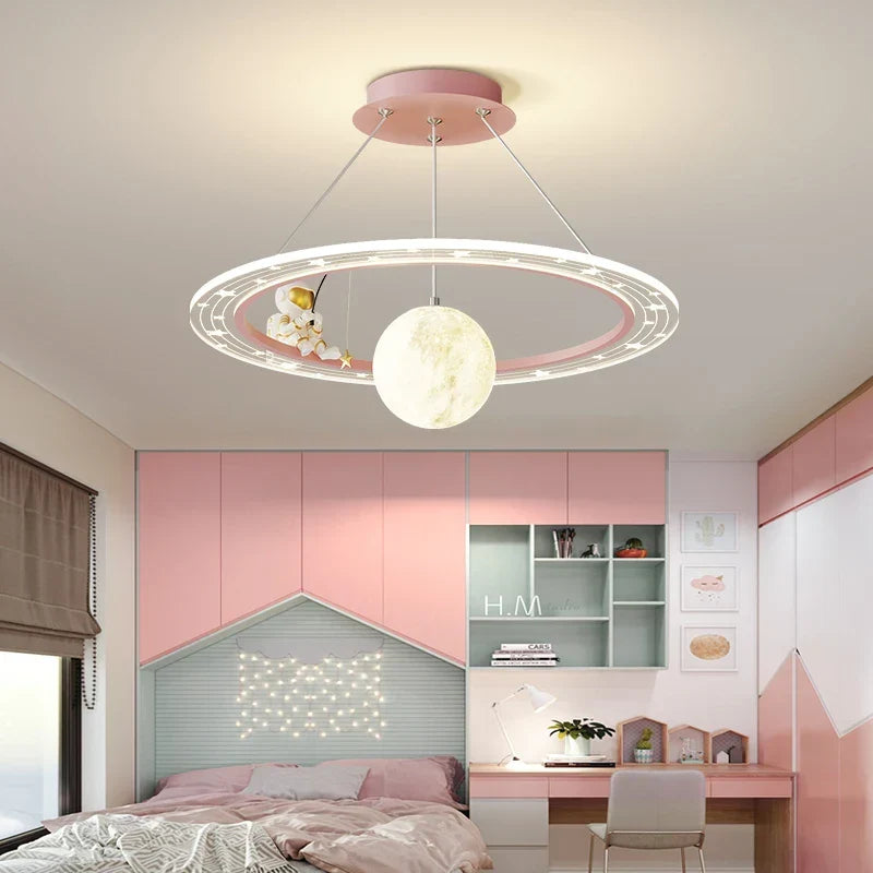 Stellion cosmic astronaut pendant light, Pink finish, lifestyle in kids bedroom