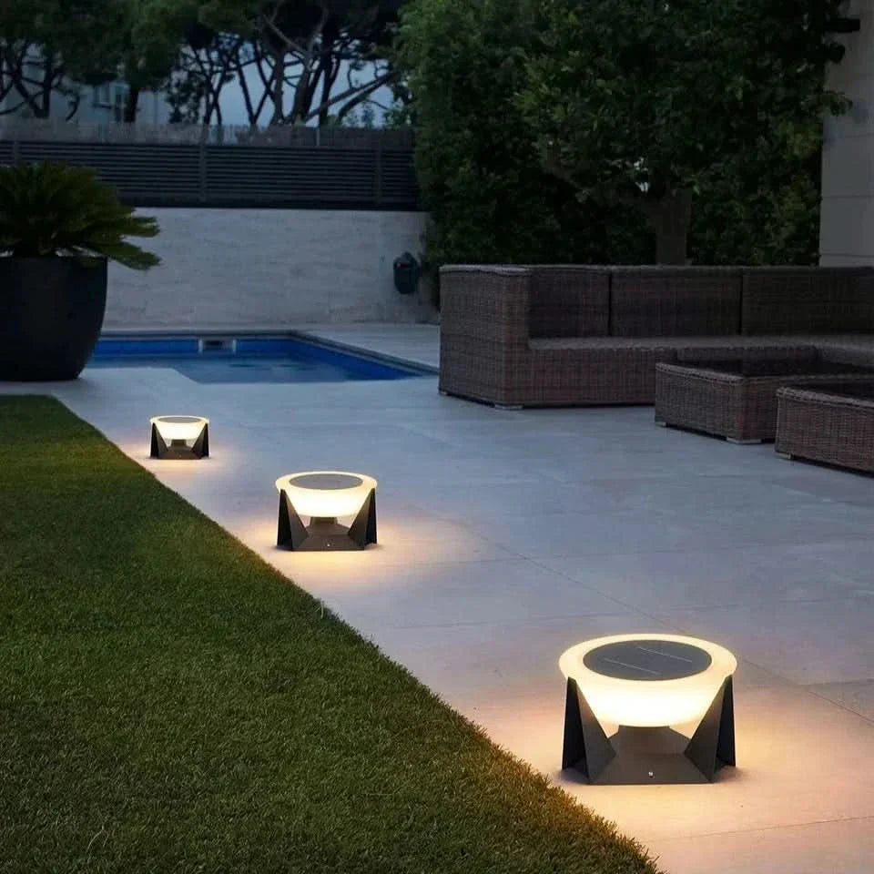 Faceted Stainless Steel Solar Garden Light – Barevo – Lifestyle in Garden Setting