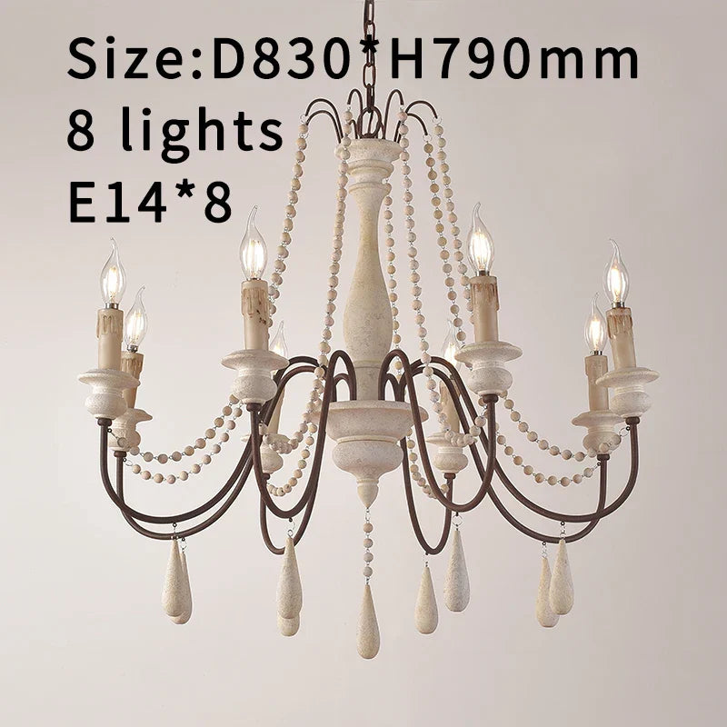 French Country Wood Bead Chandelier Iaron – 8 Lights Antique White, Ø83×H79cm