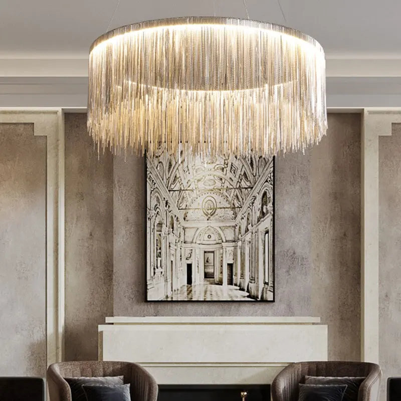 Metal Chain Tassel Chandelier Celsira – Living Room Lifestyle