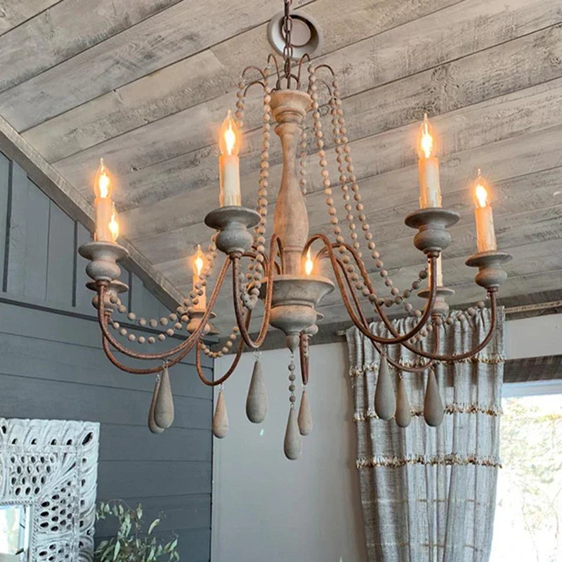French Country Wood Bead Chandelier Iaron – Lifestyle, 8 Lights Weathered Grey