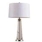 Orindel crystal column table lamp with polished chrome base and collar, studio view