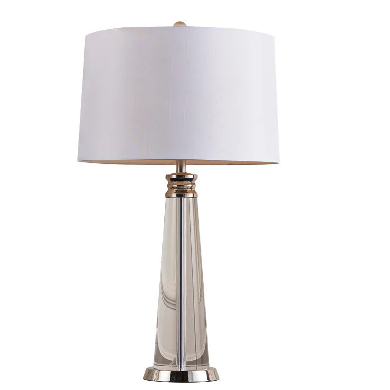 Orindel crystal column table lamp with polished chrome base and collar, studio view