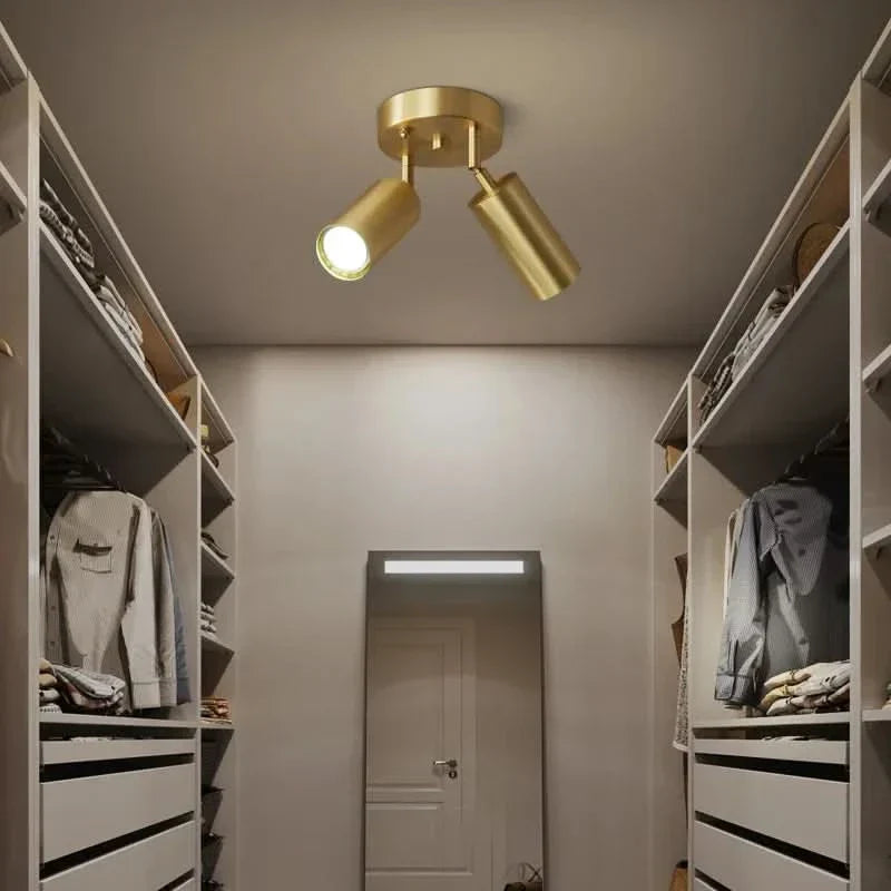 Brushed Gold Pivoting Spotlight Ceiling Light Dirvex – 2-Arm in a dressing corridor