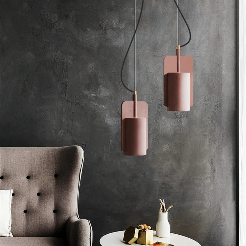 Nordic Industrial Geometric Pendant Light Kvaelindra – Vermilion Red pair in a living room
