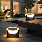 Faceted Stainless Steel Solar Garden Light – Barevo – Lifestyle on Garden Bench