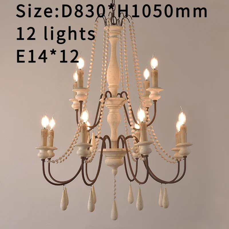 French Country Wood Bead Chandelier Iaron – 12 Lights Antique White, Ø83×H105cm