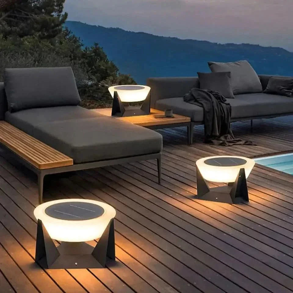Faceted Stainless Steel Solar Garden Light – Barevo – Lifestyle by the Pool