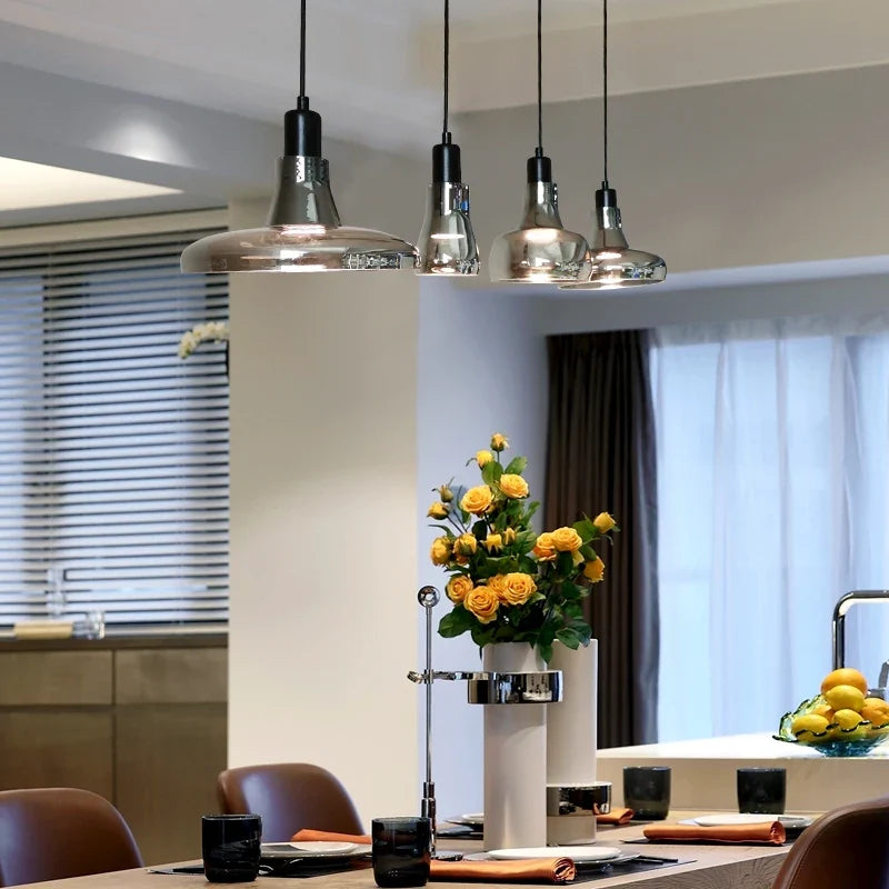 Ozaelix smoked glass pendants – 3 pendants above dining table with yellow flowers