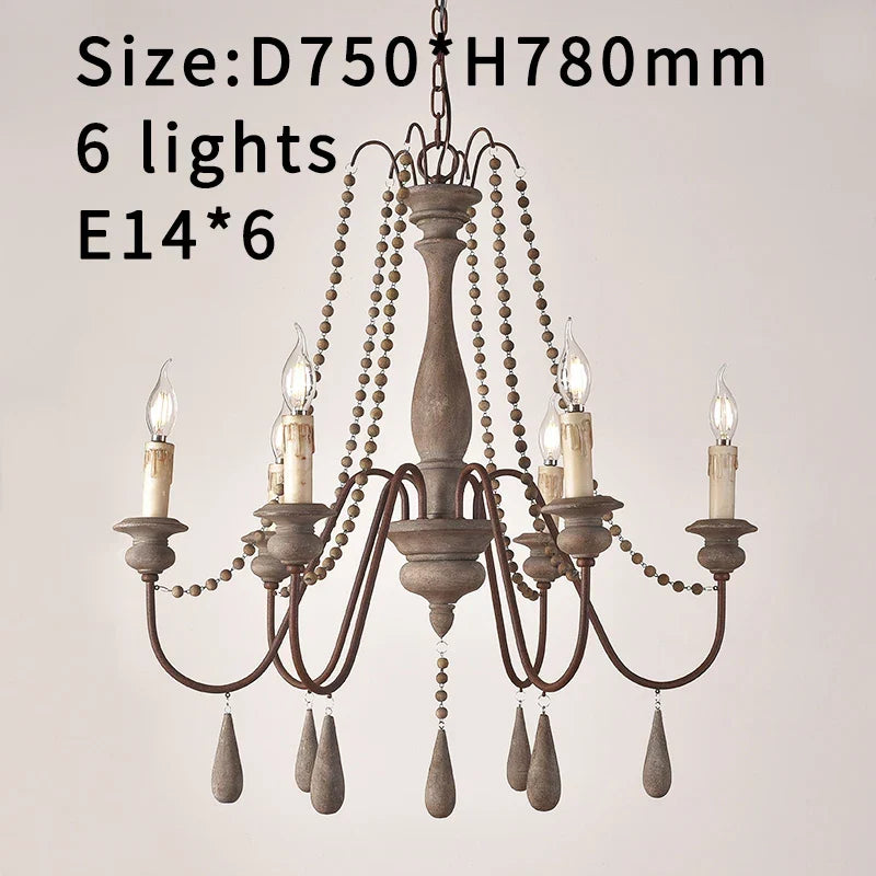 French Country Wood Bead Chandelier Iaron – 6 Lights Antique White, Ø75×H78cm