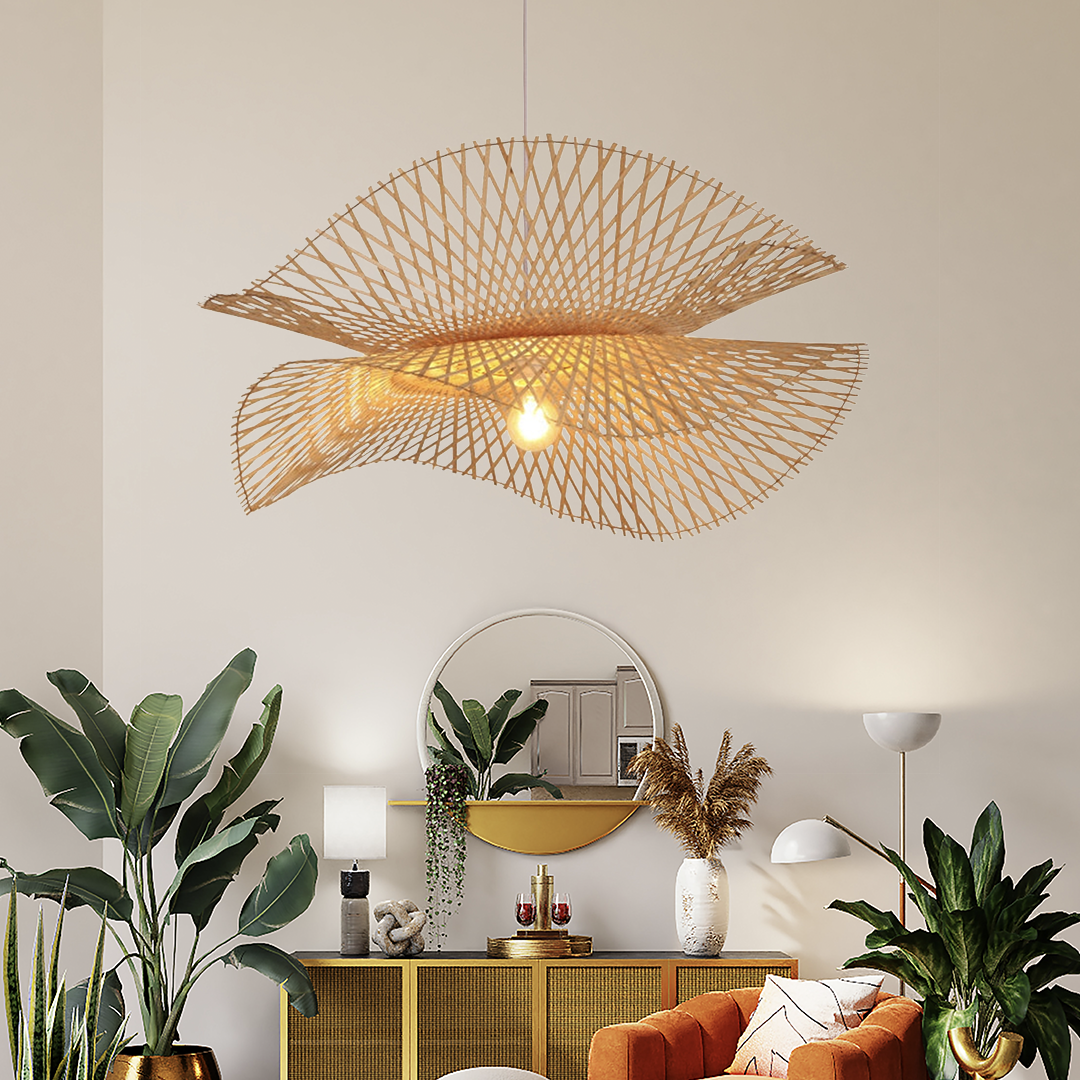 Artisan Woven Bamboo Pendant Light Galvex – Lifestyle in a Living Room