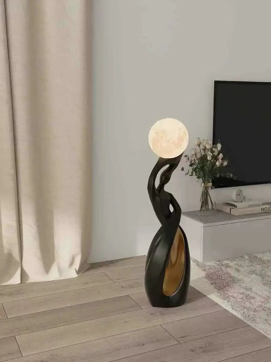 Sculptural Twisted Figure Moon Globe Floor Lamp – Gelrix – Black & Gold Lifestyle