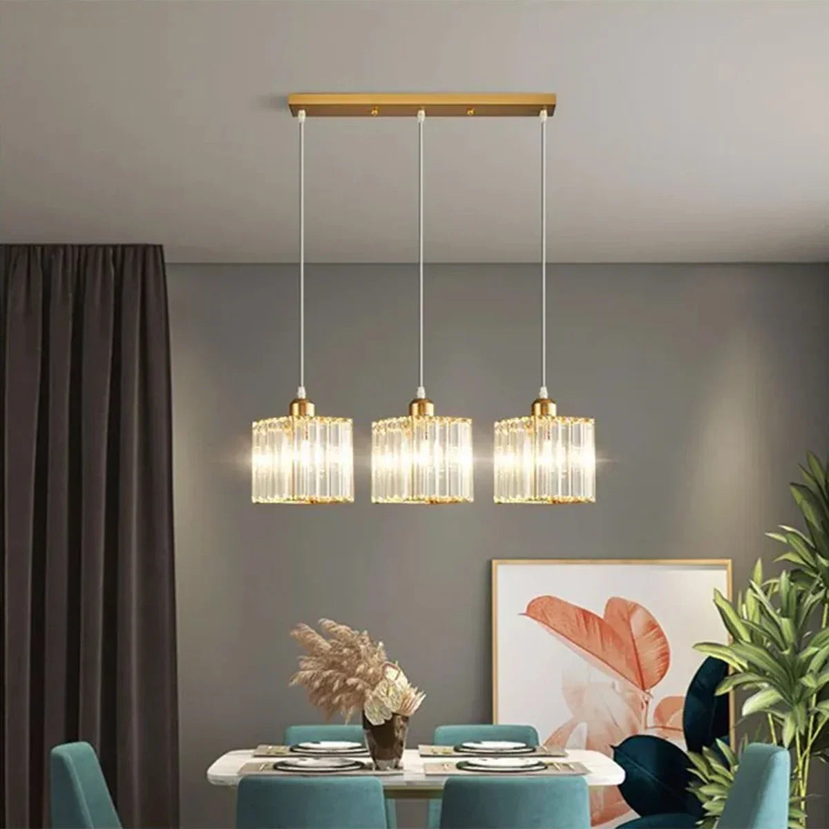 Ulindra 3-light crystal cluster pendant, Gold, linear bar canopy