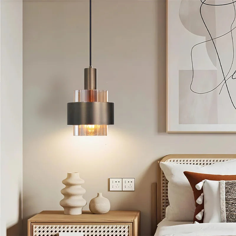 Fluted Amber Glass Pendant Light Pyrmont – Bedside Lifestyle View
