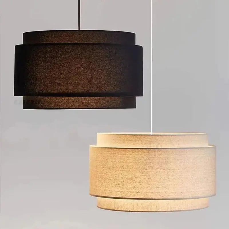 Tiered Linen Drum Pendant Light – Ccelindra – Natural Linen and Black Side by Side