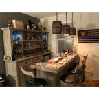 Suaelindra wood barrel pendant lights above a home bar