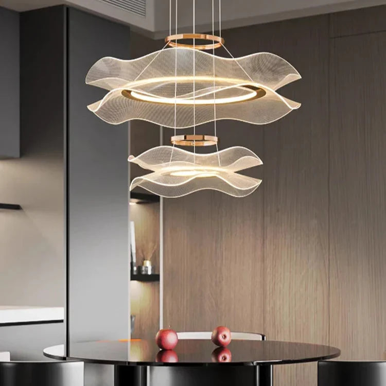Cascading Petal-Ring LED Chandelier Volrenix – 2-Ring Cascade over Kitchen Island