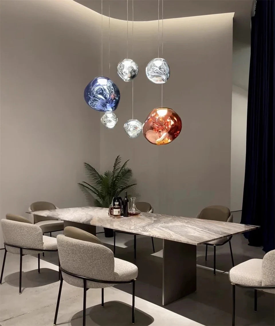 Melted Metallic Globe Pendant Light – Quieton – Living Room Lifestyle