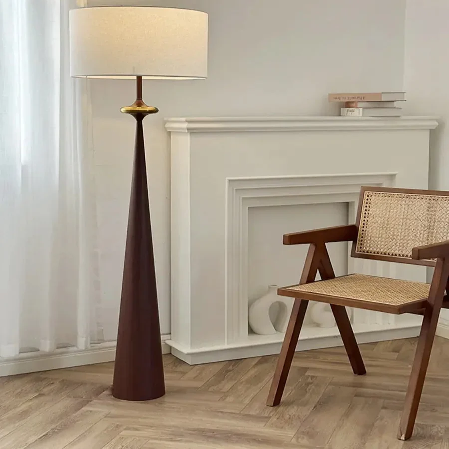 Sculptural Wood Cone Floor Lamp Edvonis – Walnut Brown Finish, Fireside Reading Nook