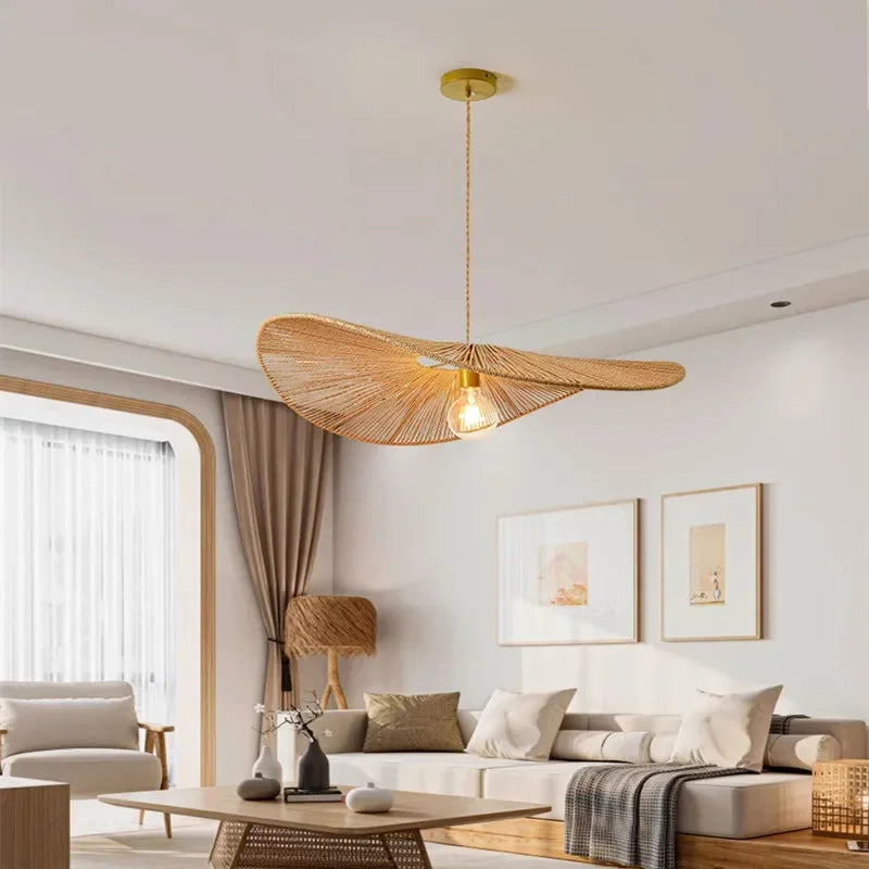 Hand-Woven Rope Asymmetric Pendant Light Calveno – Living Room Lifestyle