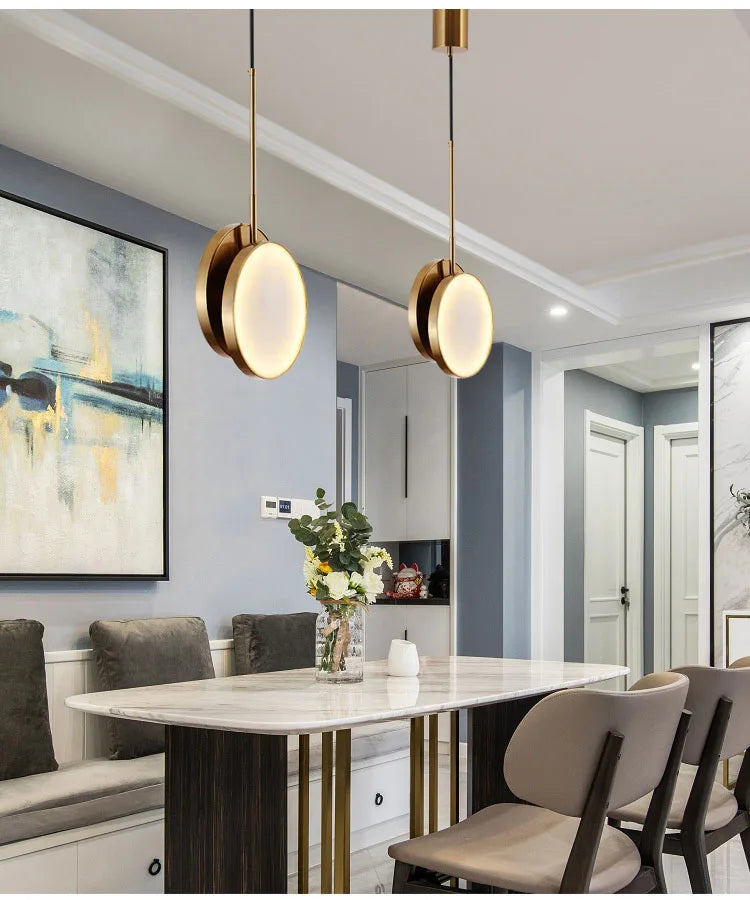 Alabaster Disc & Brass Circle Wall Sconce & Pendant – Tarleon – Pendant Duo Dining Room Lifestyle