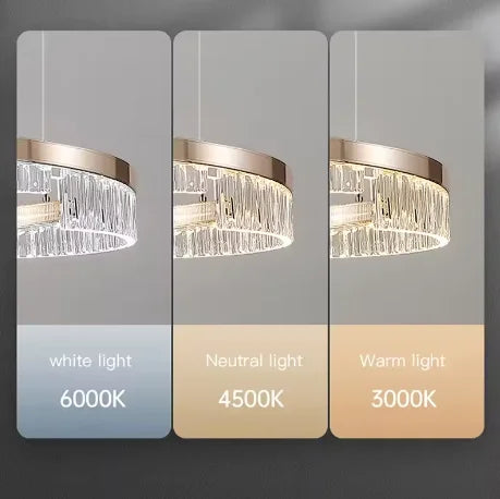 Ecelvor crystal ring chandelier — colour temperature comparison: 6000K cool white, 4500K neutral, 3000K warm light