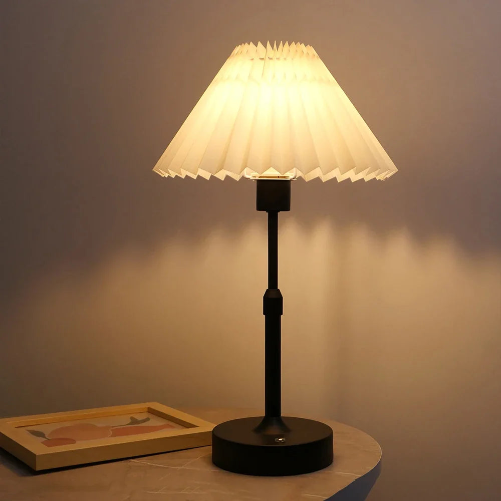Cordless Bedside Table Lamp – Luxandor – Pointed Pleated Shade, Black