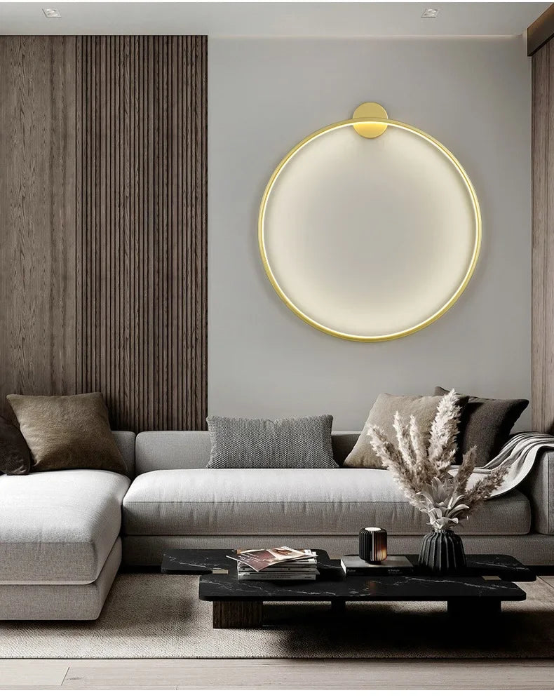 Minimalist Circular LED Wall Sconce Adelvox – Full Disc Gold Lifestyle