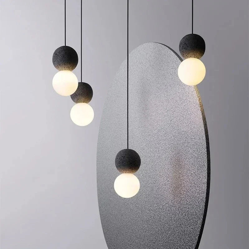 Stone Sphere Pendant & Wall Sconce – Mvaelvix – Lifestyle, Trio Above Console with Sculptural Mirror