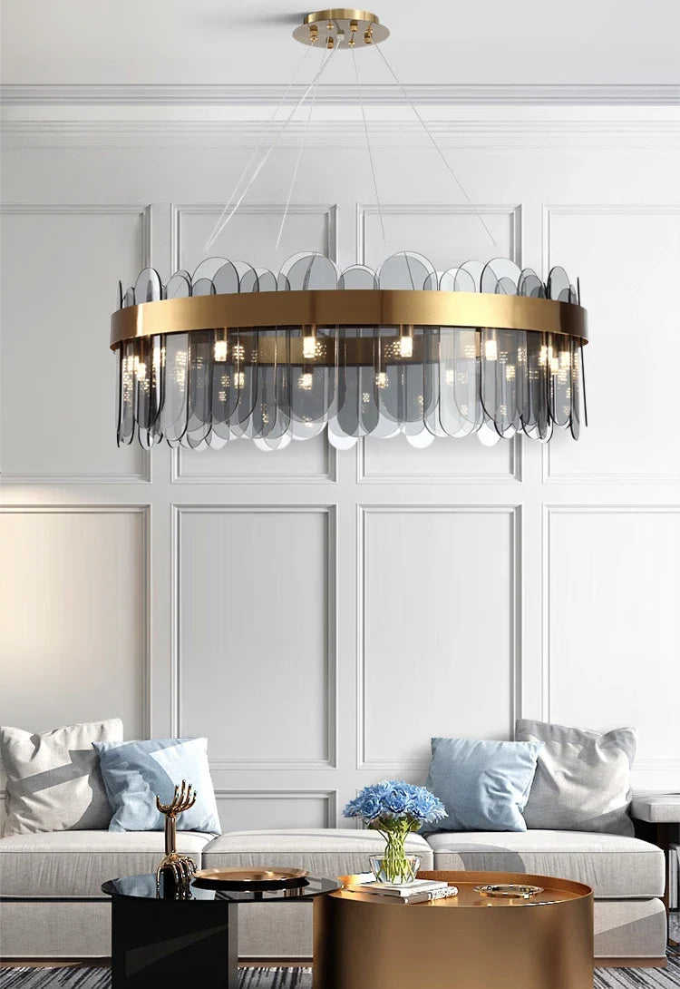 Petalux – Round Ø40cm Smoke Grey glass panel chandelier in living room