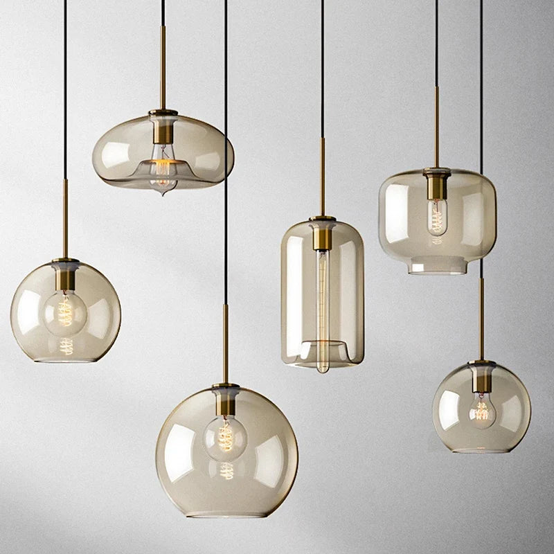 Scandinavian Glass Orb Pendant Light Kelvoria – Lifestyle View 2 (all 5 shapes)