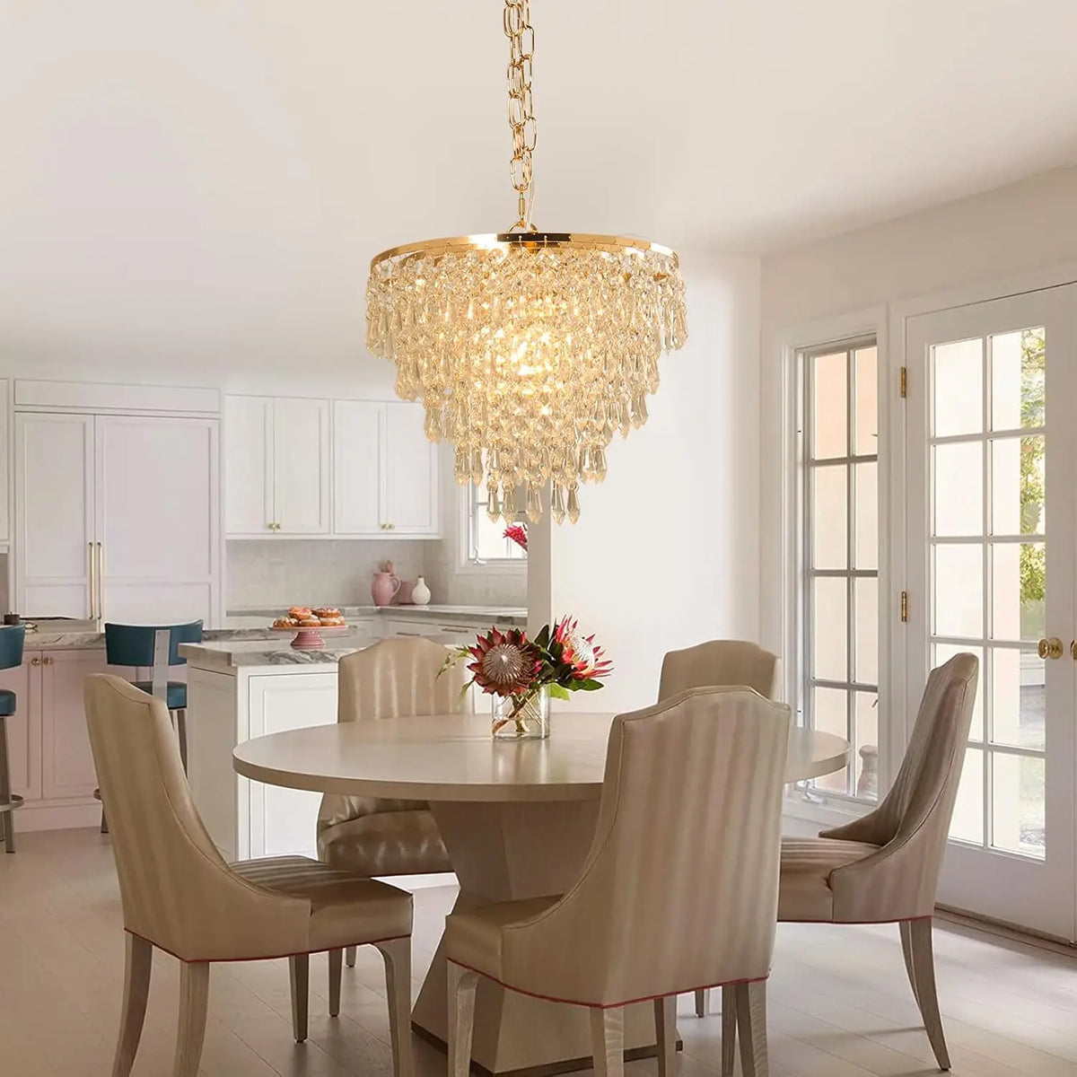 Prismax gold crystal chandelier — dining room scene