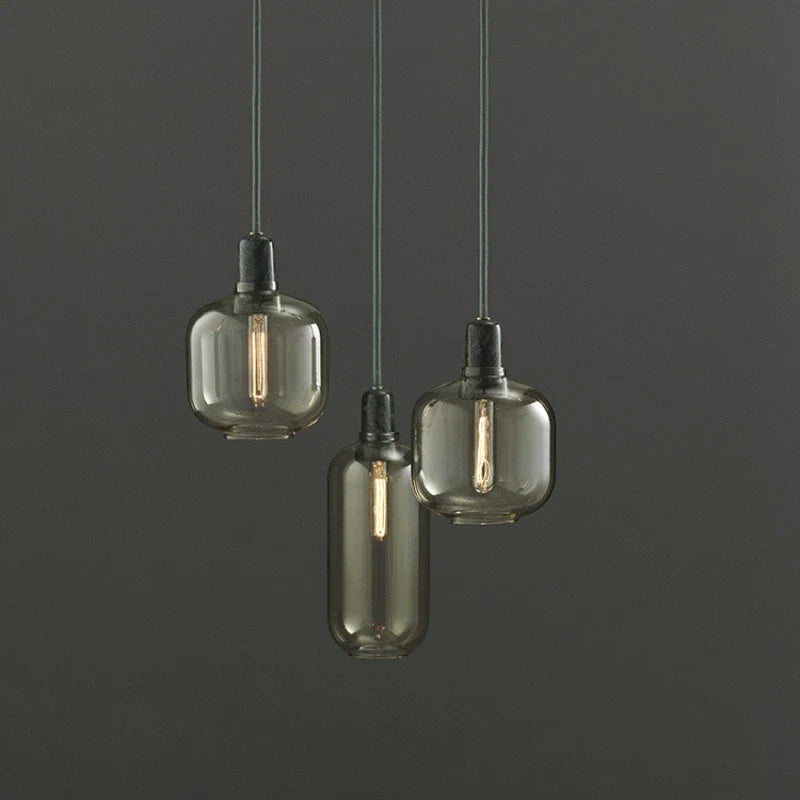 Blown Glass & Marble Socket Pendant Light – Czaelindra, trio hero shot in smoke grey glass
