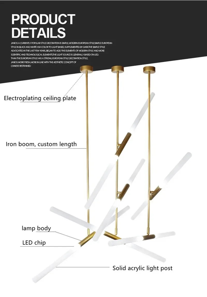 Rarlix construction detail — electroplated ceiling plate, iron boom, solid acrylic light post, LED chip